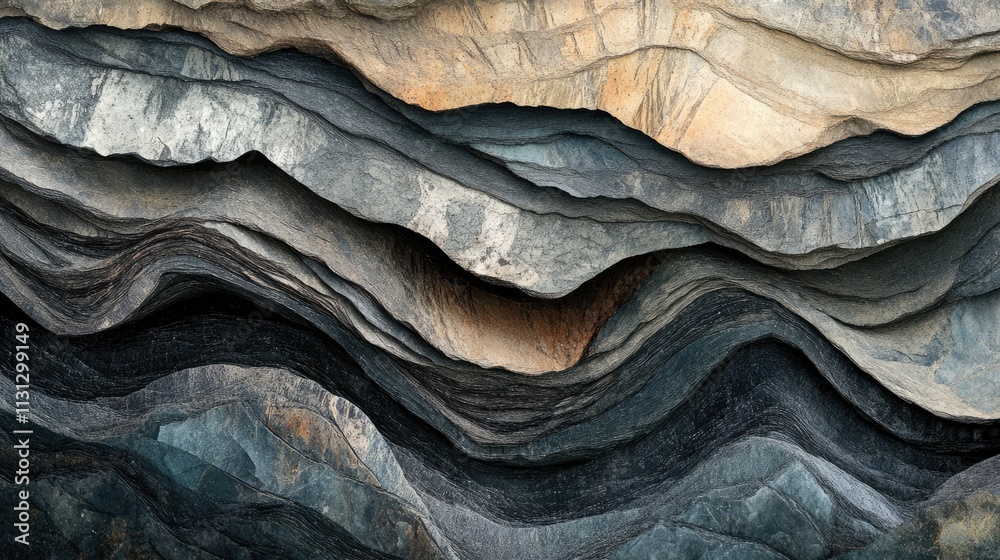 Poster Sedimentary rock formations displaying distinct layered textures and colors in a natural hillside landscape