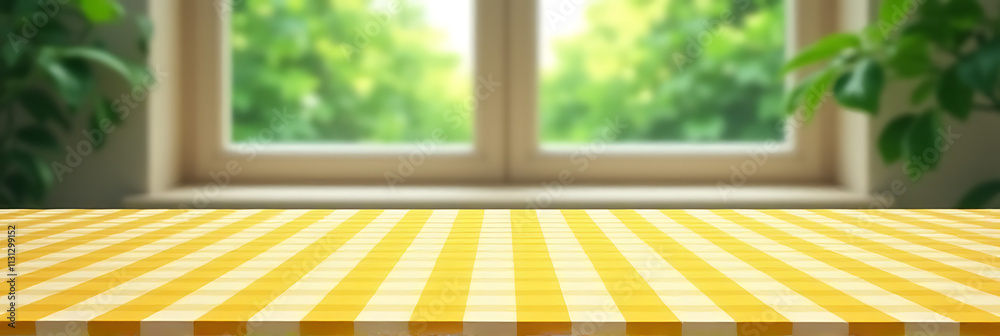 Poster a yellow checkered tablecloth is placed on a surface next to an abstract depiction of a green garden