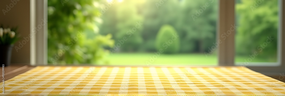 Poster a yellow checkered tablecloth is placed on a surface next to an abstract depiction of a green garden