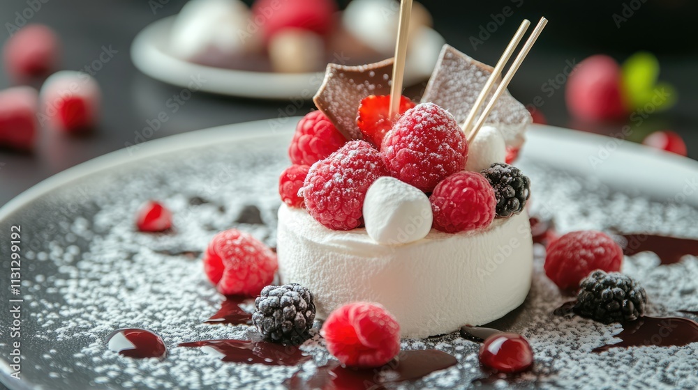 Poster marshmallow dessert topped with fresh raspberries and blackberries garnished with chocolate on a sty