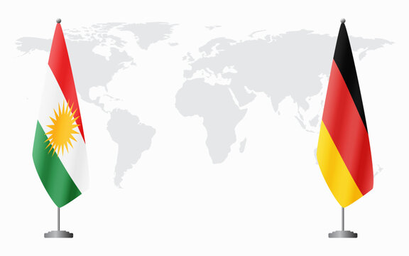 Kurdistan and Germany flags for official meeting against background of world map.