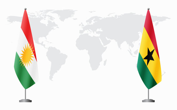 Kurdistan and Ghana flags for official meeting against background of world map.