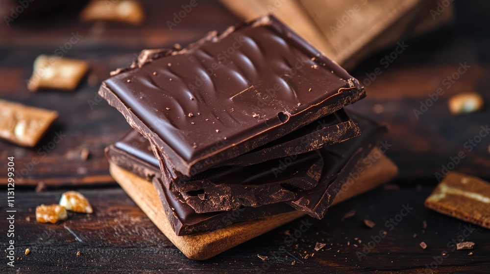 Poster decadent layers of rich chocolate wafers stacked on rustic wooden table surface