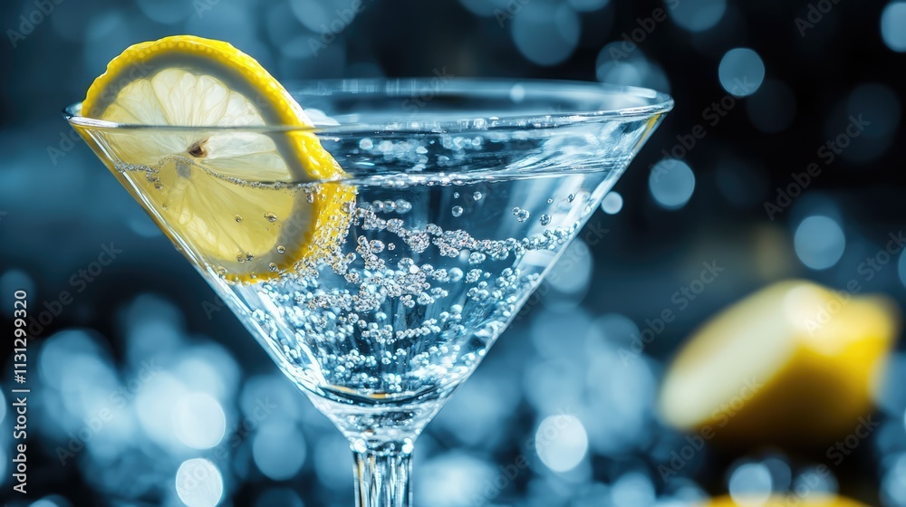 Poster refreshing martini cocktail with lemon slice and bubbles in focus against a shimmering background id