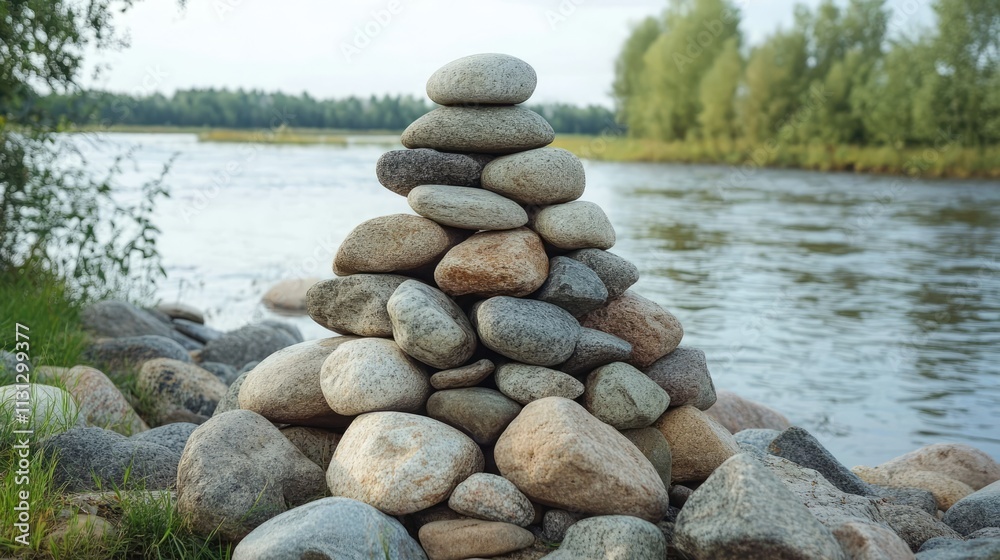 Poster piled natural rocks of various sizes along a serene riverbank surrounded by lush greenery and calm w