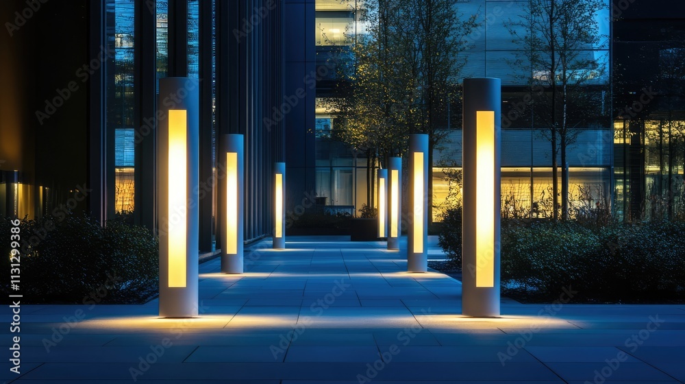 Poster modern illuminated pathway with stylish lighting poles in an urban environment at night showcasing c