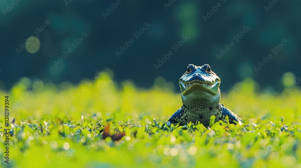 Poster crocodile resting on lush green grass with a blurred background showcasing its natural habitat in th