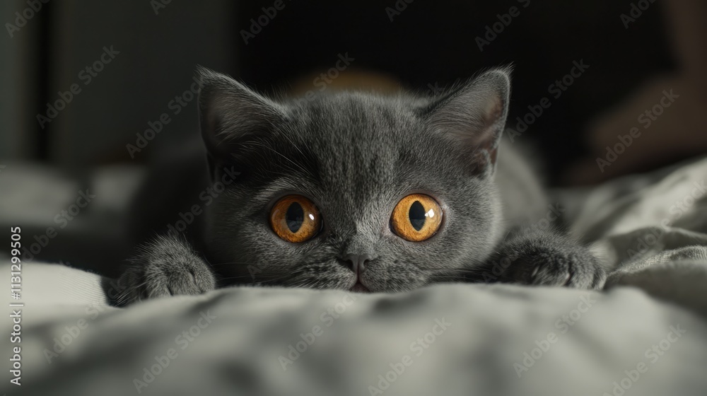 Aufkleber playful grey munchkin cat with striking orange eyes relaxing on a soft bed and curiously gazing at t