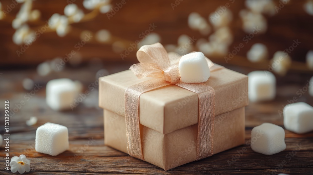 Poster marshmallows in a gift box surrounded by decorative elements on a rustic wooden background ideal for