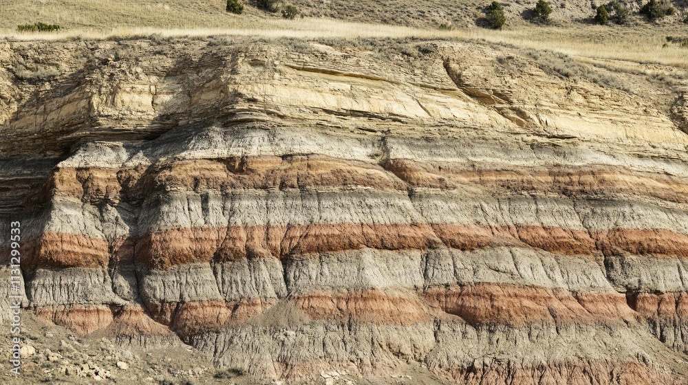 Poster Sedimentary rock layers showcasing geological history in undulating landscape with distinct color variations and patterns in the hills.