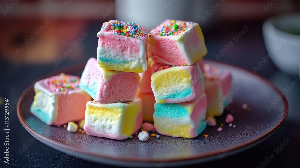 Poster colorful pastel marshmallows stacked on a plate with sprinkles creating a delightful and vibrant des