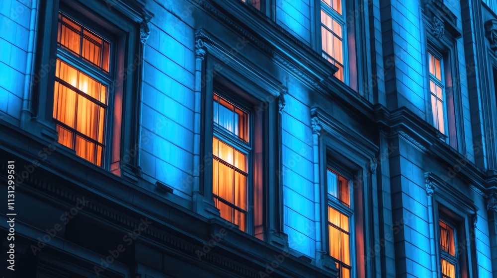 Aufkleber illuminated windows of historic building at night in urban setting with blue lighting effects