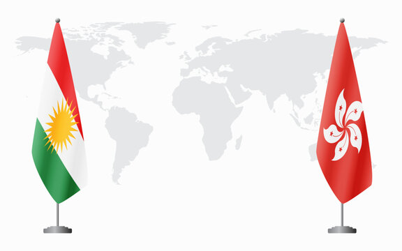 Kurdistan and Hong Kong flags for official meeting against background of world map.