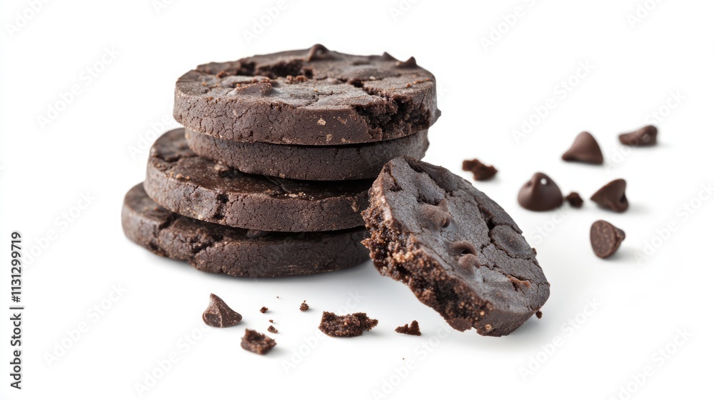 Poster stack of homemade chocolate chip cookies with crumbs on a white background showcasing a delicious sw