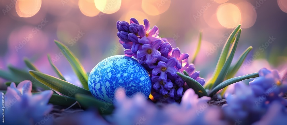 Poster hyacinth flowers with blue easter egg amidst soft bokeh creating a serene springtime atmosphere
