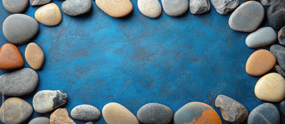 Aufkleber festive decor framed by smooth pebbles on a vibrant blue background creating a cheerful and inviting