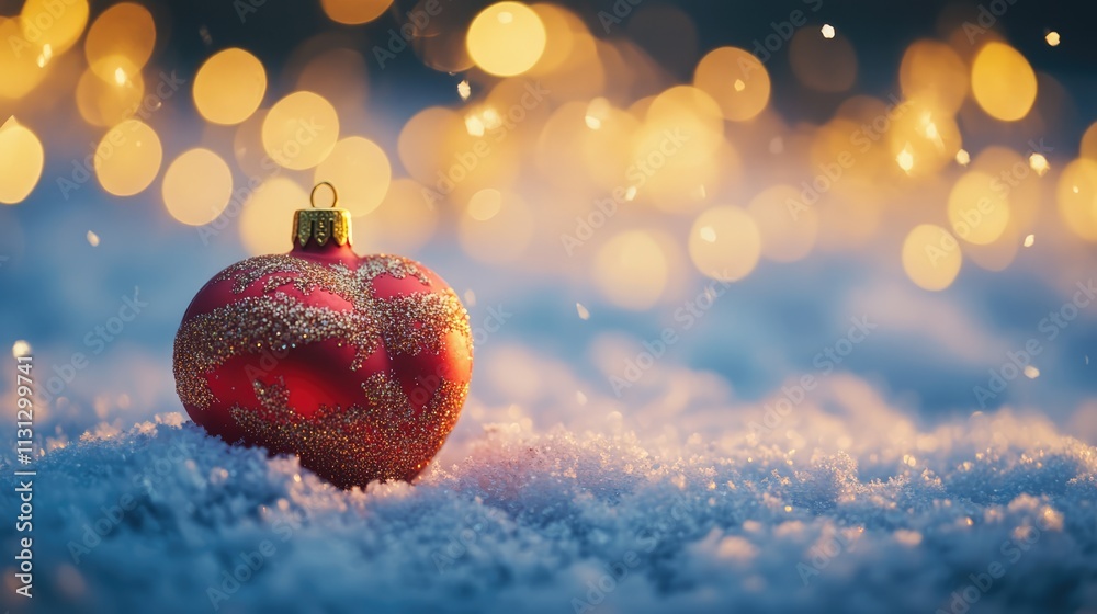 Aufkleber decorative red heart christmas ornament on snow with warm blurred bokeh background and shallow depth