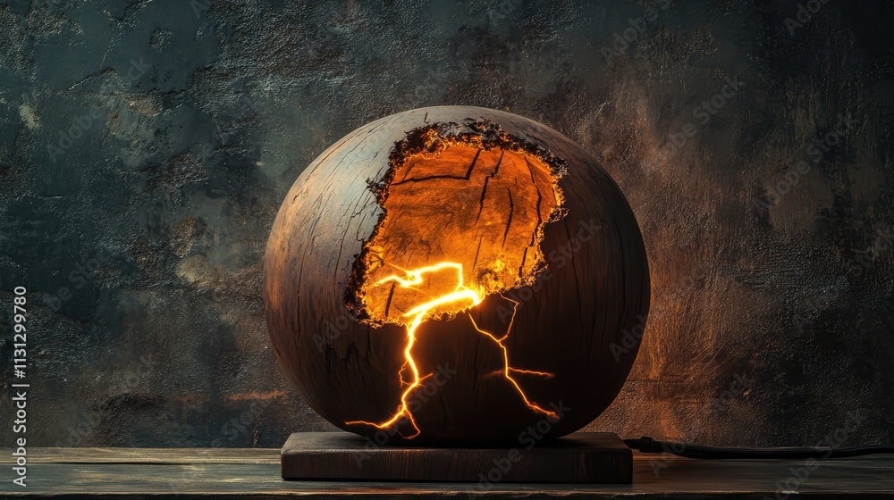 Poster illuminated wooden lamp with lightning design showcasing unique interior decor inspiration in a mood