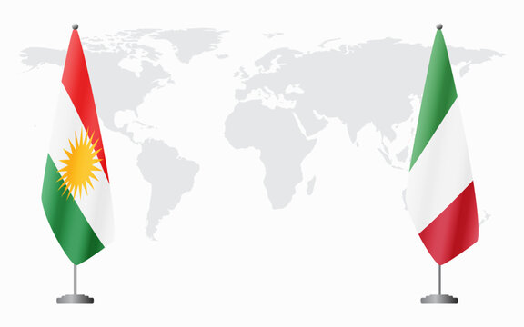 Kurdistan and Italy flags for official meeting against background of world map.