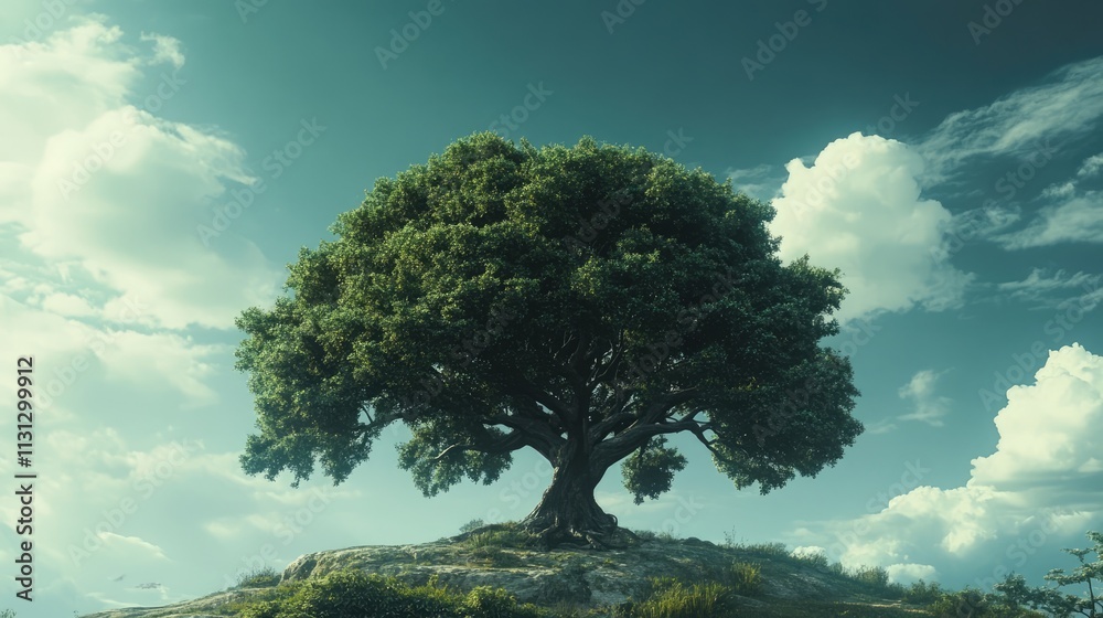 Poster majestic single tree on hill surrounded by dramatic sky and clouds in a serene landscape setting