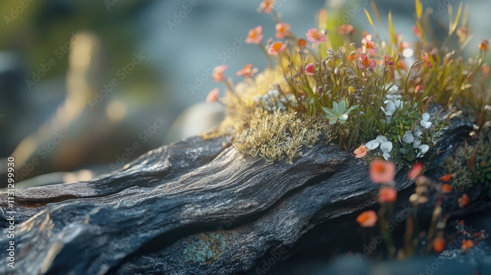 Poster macro image of driftwood adorned with vibrant flowers and moss in a natural setting, showcasing intr