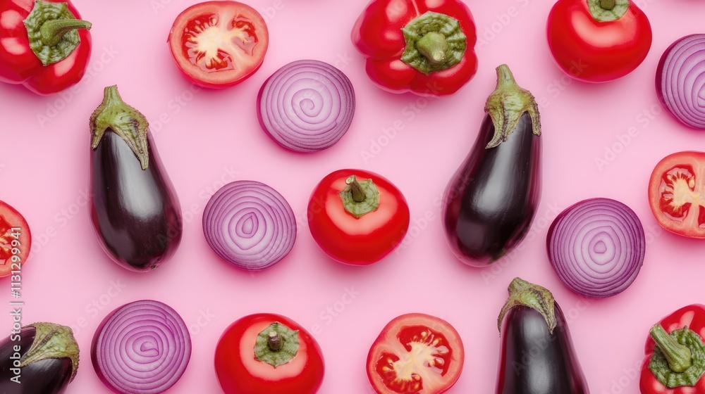 Poster colorful arrangement of eggplant red onion red pepper and tomato on pink background top view creatin