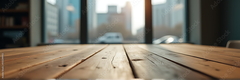Aufkleber a wooden table top with a selective focus captures both the intricate details and the blurred citysc