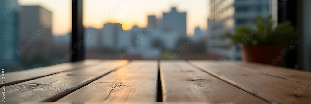 Aufkleber a wooden table top with a selective focus captures both the intricate details and the blurred citysc