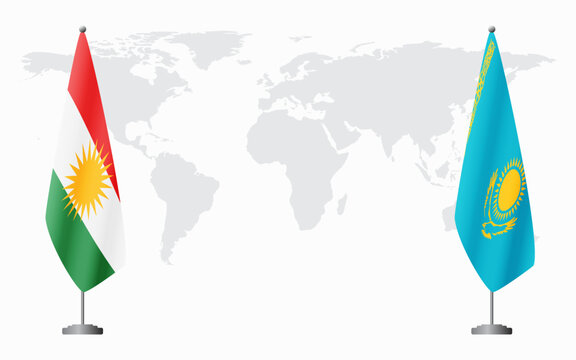 Kurdistan and Kazakhstan flags for official meeting against background of world map.