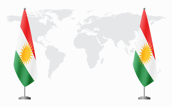 Kurdistan and Kurdistan flags for official meeting against background of world map.