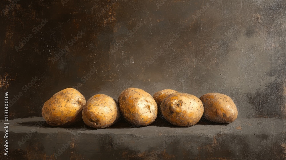 Poster natural potatoes arranged on a dark textured surface with moody lighting highlighting their rustic a
