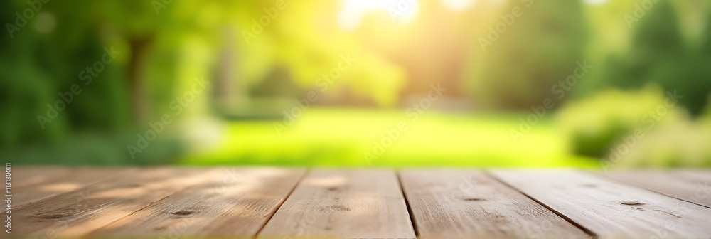 Aufkleber a wooden table top with a blurred garden view is ideal for a morning product display or key visual c