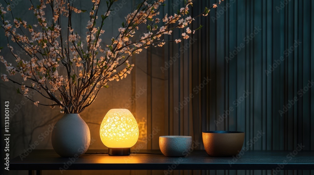 Poster elegant illuminated lamp with floral decor and decorative bowls on a stylish table creating a soothi
