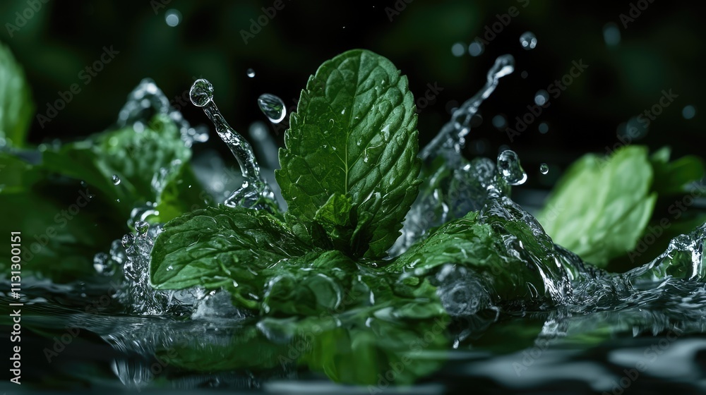 Poster Fresh mint leaves creating dynamic water splash in dark background captured in high detail for culinary and beverage concepts