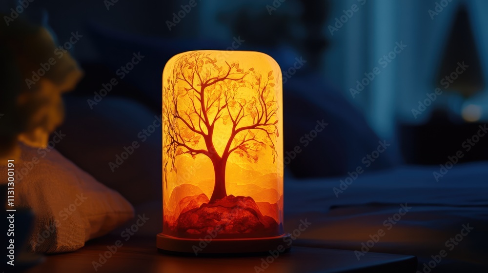 Poster warm ambient lamp with tree silhouette creating a cozy atmosphere in a dimly lit room enhancing nigh
