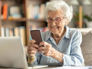 Obraz premium Smiling Elderly Woman Using Smartphone and Laptop, Staying Connected and Learning Technology
