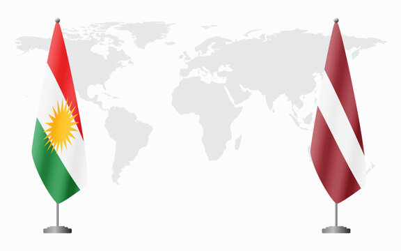 Kurdistan and Latvia flags for official meeting against background of world map.