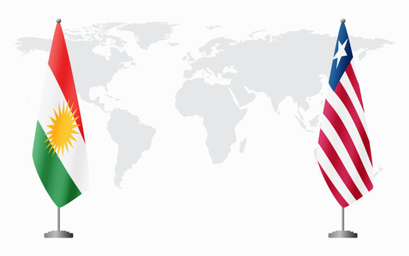 Kurdistan and Liberia flags for official meeting against background of world map.