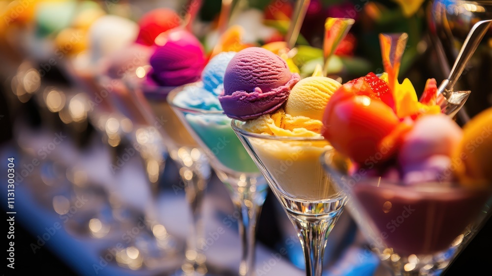 Poster elegant martini glasses with vibrant ice cream scoops artfully arranged on a table showcasing unique