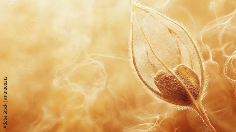 Poster Macro view of a delicate tree seed illuminated in warm tones showcasing intricate textures and natural beauty.