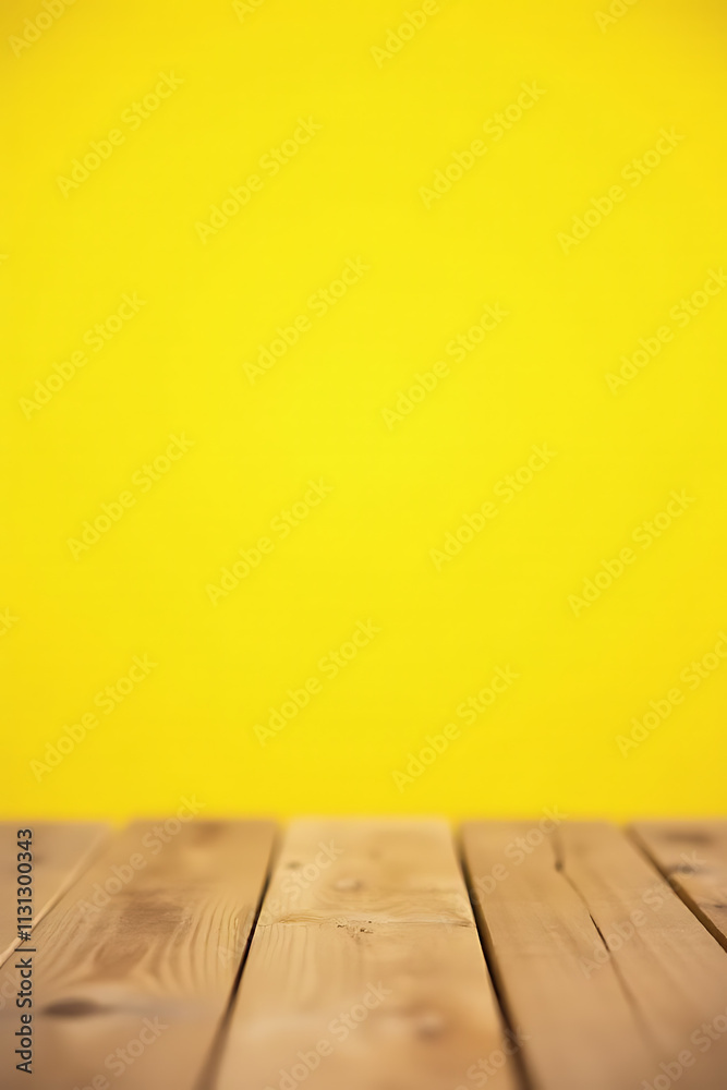 Poster a wooden table top stands out against a bright yellow pastel colored background with selective focus