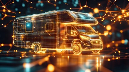 Futuristic Digital Wireframe of a Camper Van with Glowing Network Connections in Virtual Space