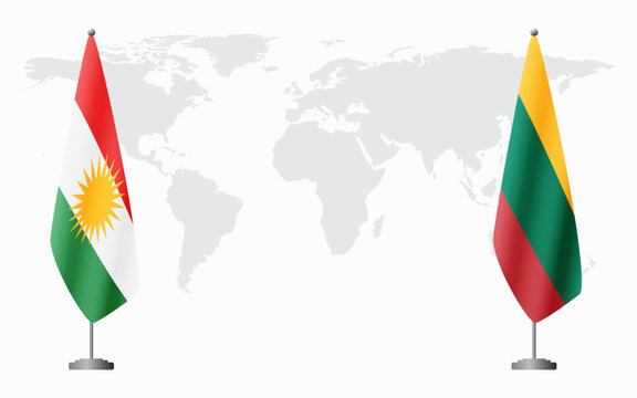 Kurdistan and Lithuania flags for official meeting against background of world map.