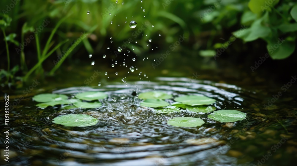 Poster Nature in spring with green leaves and water droplets creating ripples in a serene pond environment.