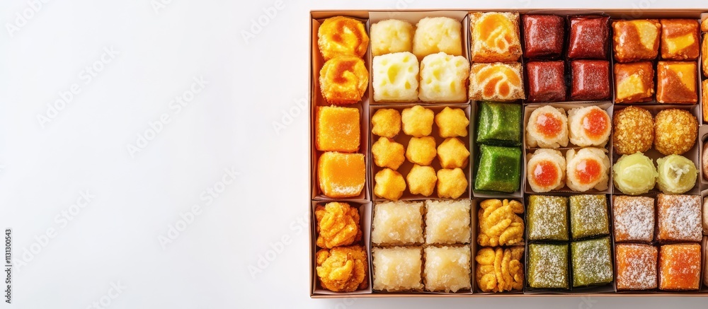 Poster colorful assortment of indian sweets elegantly displayed in a box with ample white space for text or