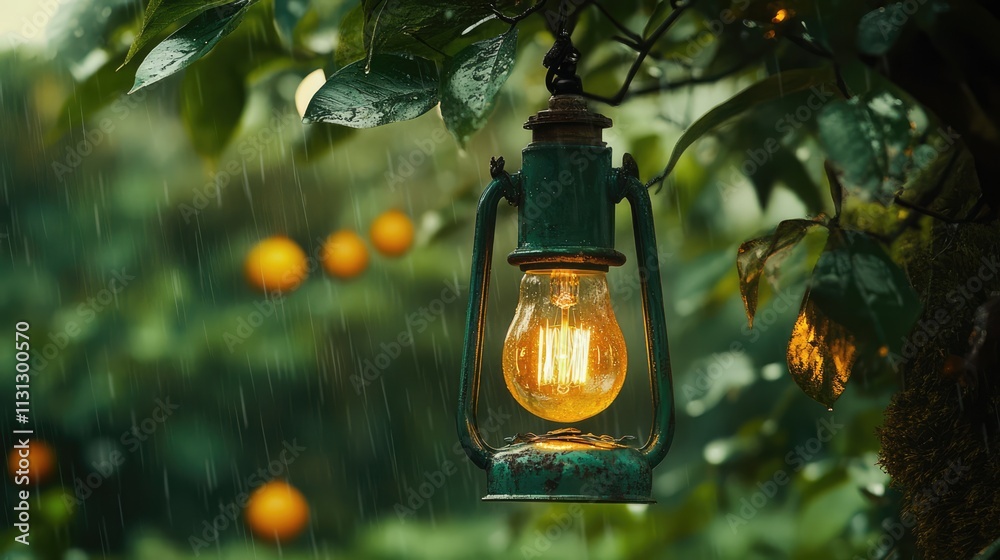 Poster Vintage lantern hanging in garden tree with raindrops illuminating decorative string light bulb in rustic outdoor setting on cloudy day