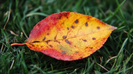 Autumn foliage showcasing vibrant red and yellow hues on a single leaf resting on fresh green grass.