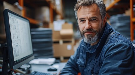 Fototapeta premium Warehouse manager overseeing operations with computer and paperwork