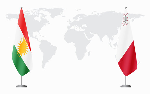 Kurdistan and Malta flags for official meeting against background of world map.