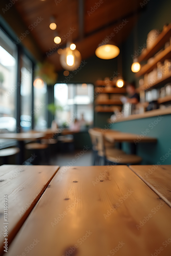 Poster a wooden table top is placed in a blurred background of a cafe shop with a visible light bulb overhe